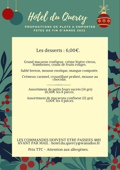 les suggestions desserts de Noël 2022 du Restaurant Le Quercy à Lauzerte 82