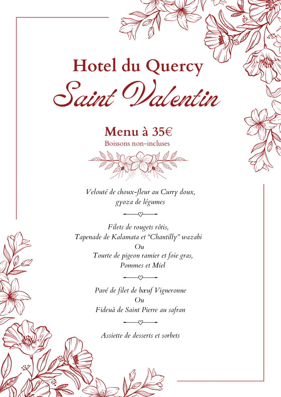 le menu spécial saint valentin février 2023 servi au Restaurant Le Quercy de Lauzerte